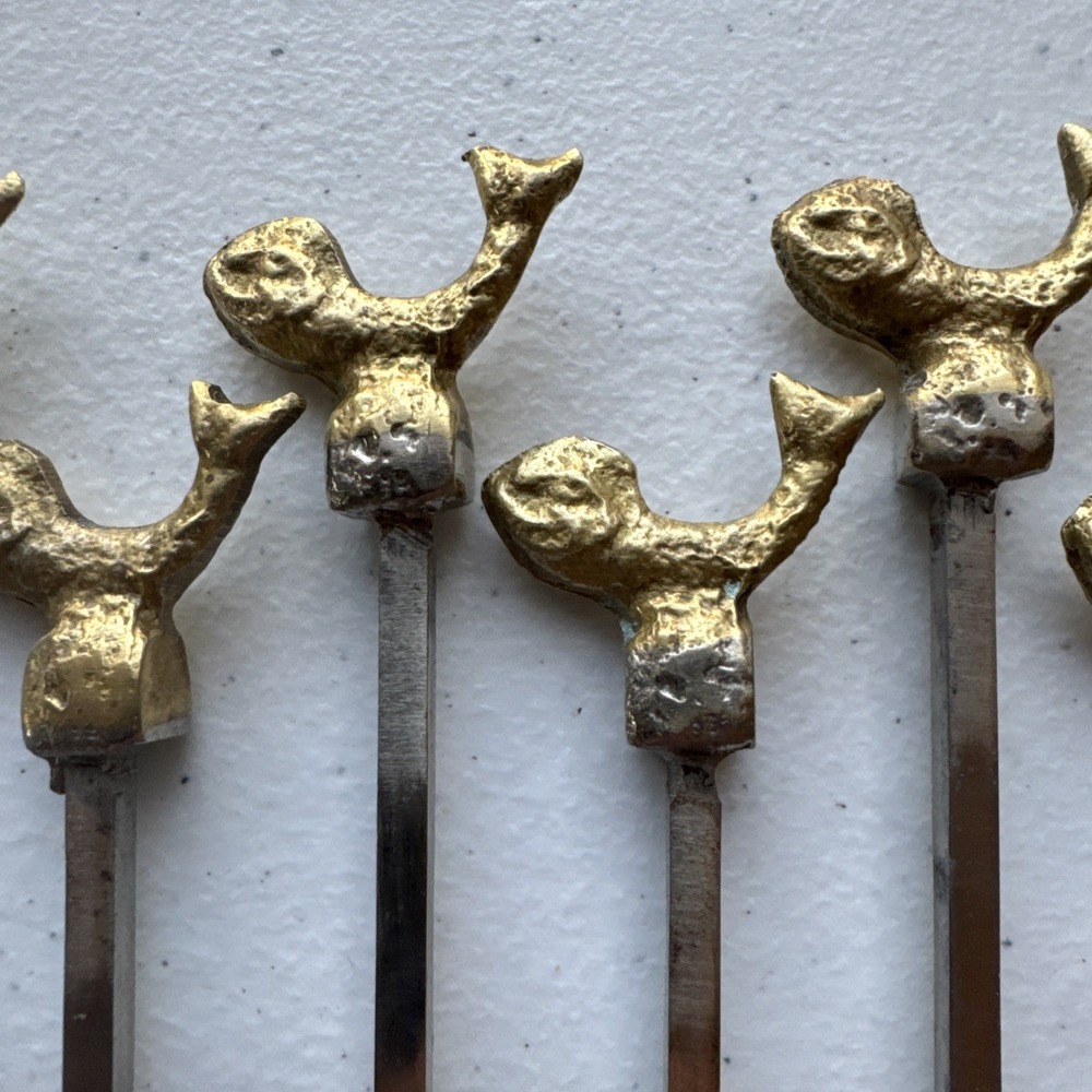 Vintage Turkish Kebob Skewers Fish Whale Nautical Brass Stainless Steel 13" Set - Picture 5 of 9